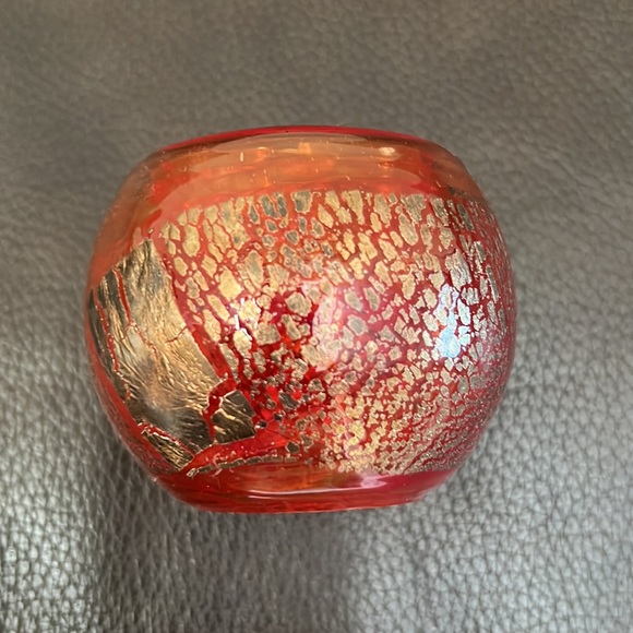 Murano Glass Orange Tea Light Candle Holder with Gold Fleck Accents - Picture 5 of 7